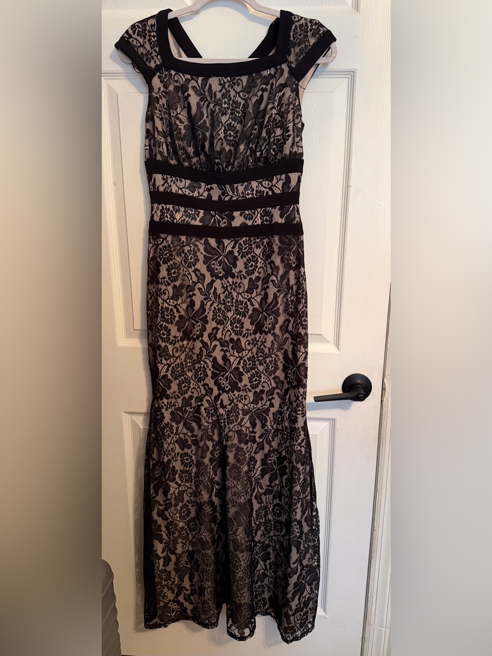 Black Lace Maxi Dress with Nude Underlay - Women's Formal Gown